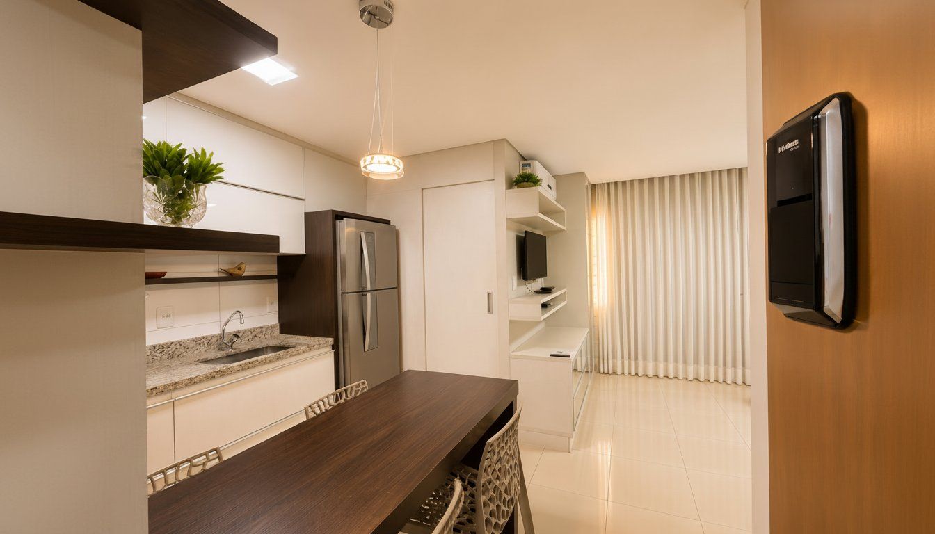 Cozinha moderna com geladeira embutida, pia e bancada de madeira.