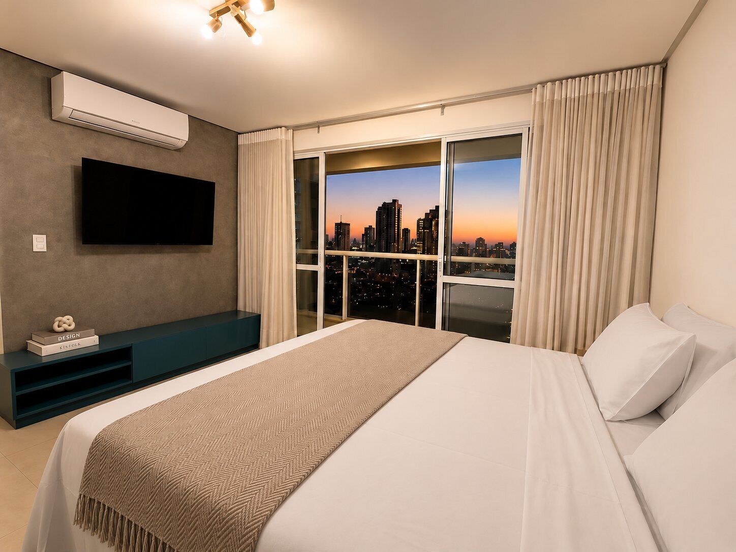 Panoramic Apartment | Desk, laptop workspace, blackout curtains, iron/ironing board