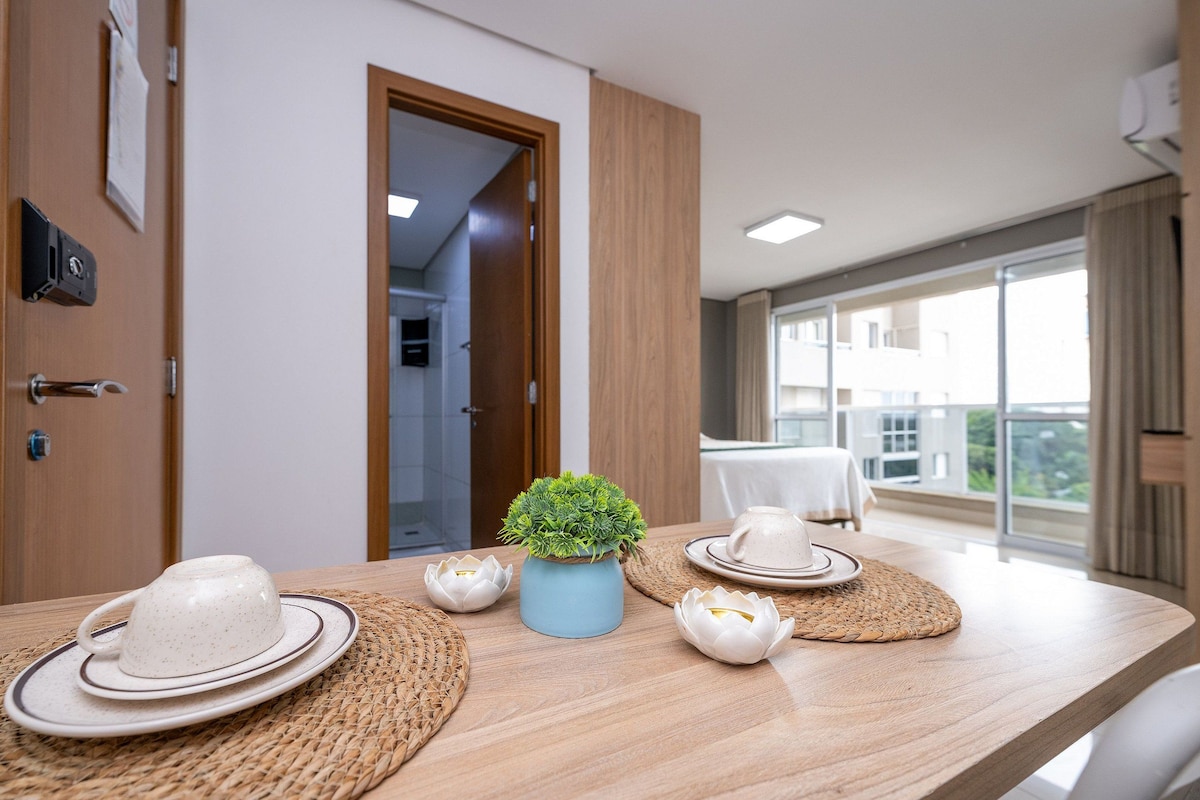 Basic Apartment | Desk, laptop workspace, blackout drapes, iron/ironing board