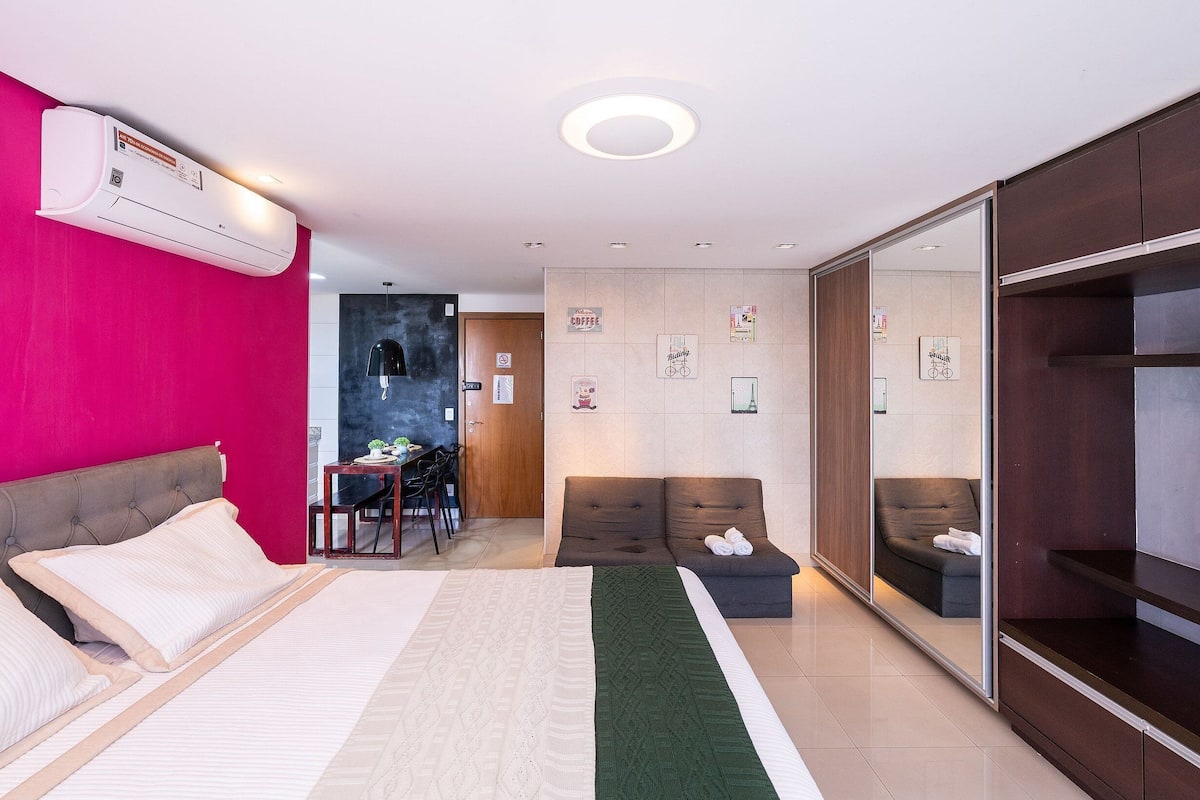 Individually furnished, desk, laptop workspace, blackout curtains