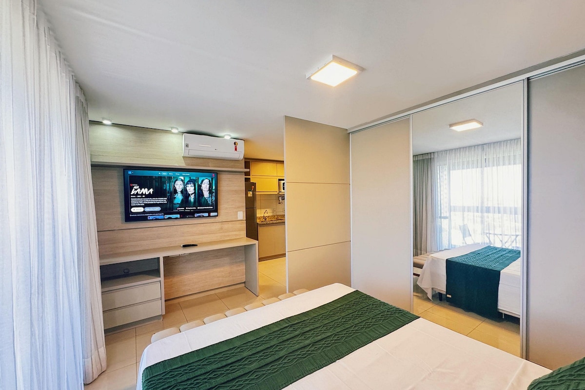 Standard Apartment | Desk, laptop workspace, blackout drapes, iron/ironing board
