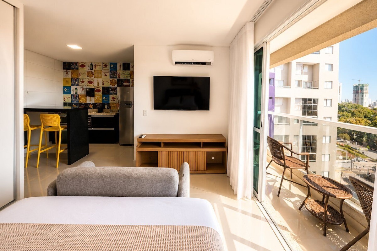 Desk, laptop workspace, blackout curtains, iron/ironing board