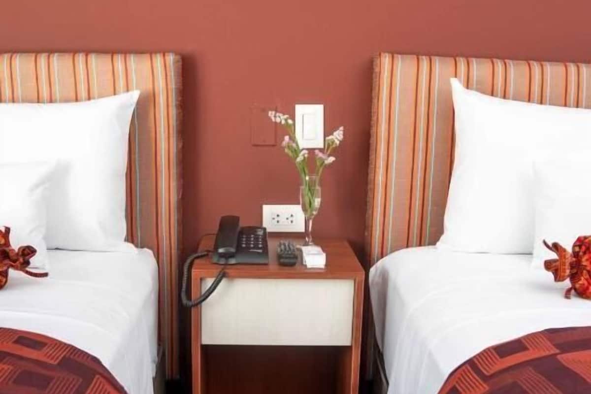 Habitación estándar con 2 camas individuales, vistas a la montaña | Caja fuerte y espacio para trabajar con un portátil