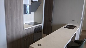 Una cucina moderna con un piano di lavoro lungo, forno integrato e lavastoviglie.