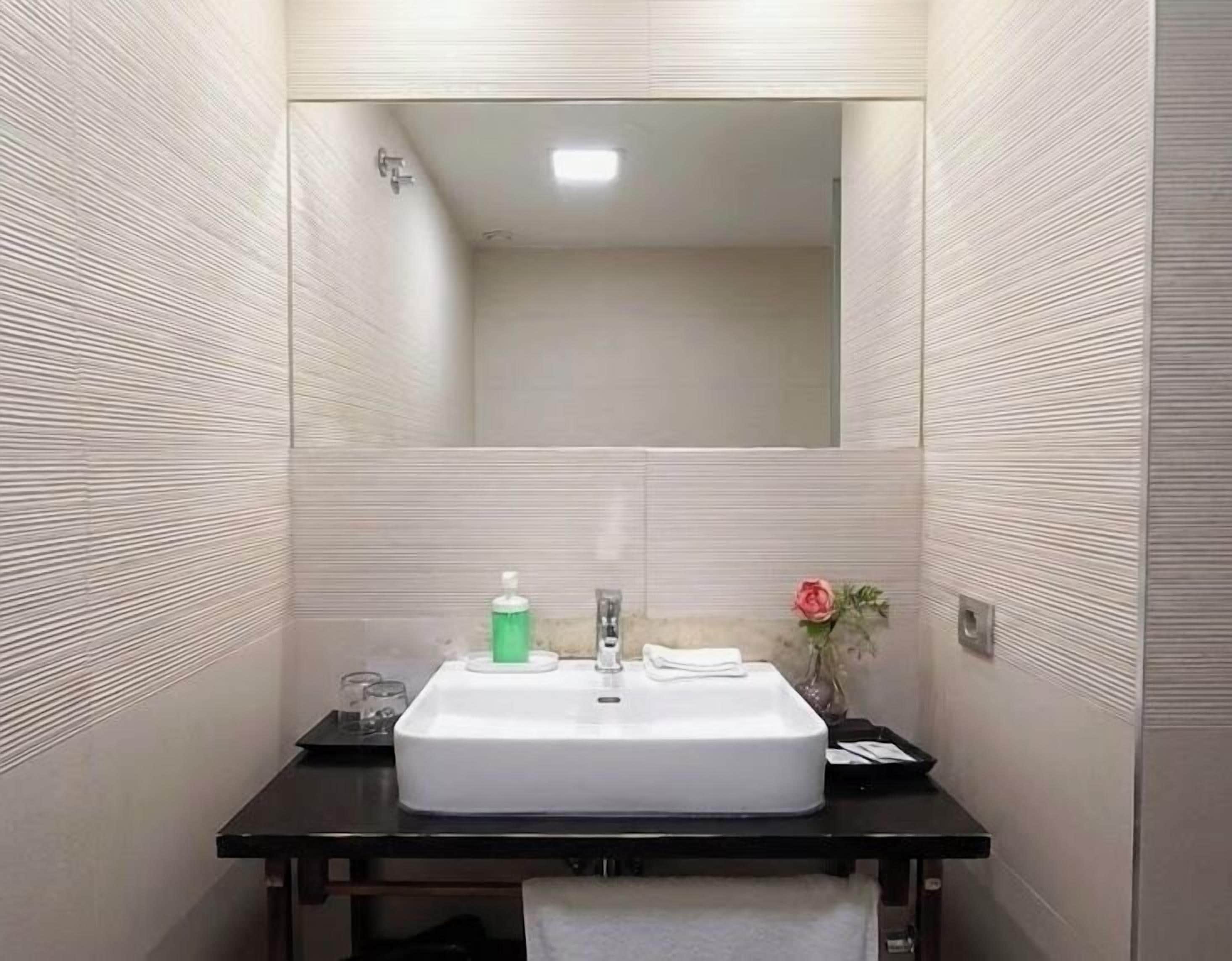 Une salle de bain avec un lavabo blanc, un miroir au-dessus et un petit vase avec une fleur posé sur le comptoir.