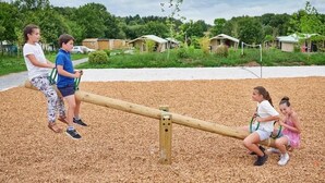 Une balançoire dans un parc où des enfants jouent.