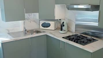 Frigorífico, microondas, placa de cocina y lavavajillas