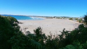 A beach with clear skies, sandy shore, and greenery in the foreground. - ZEcamping 4* avec pet friendly piscine couverte à 200m de la plage (Plomodiern)