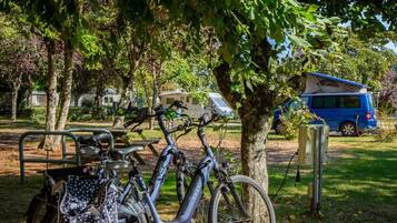 Un vélo est garé sous un arbre dans un parc, avec une table de pique-nique à proximité et un camping-car en arrière-plan.