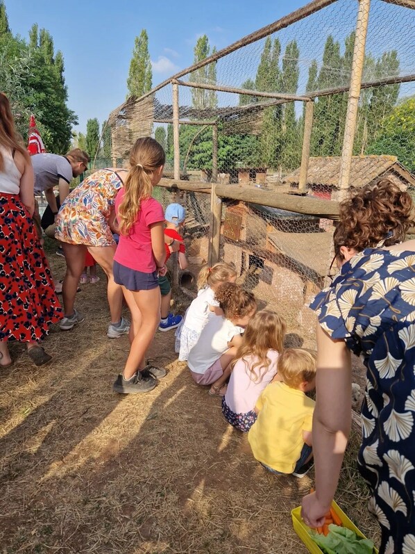 A group of people, including children, gathered around a wooden fence enclosure at a zoo.