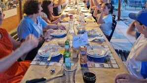 Un grupo de personas sentadas alrededor de una mesa larga en un espacio al aire libre techado, levantando las copas en un brindis.