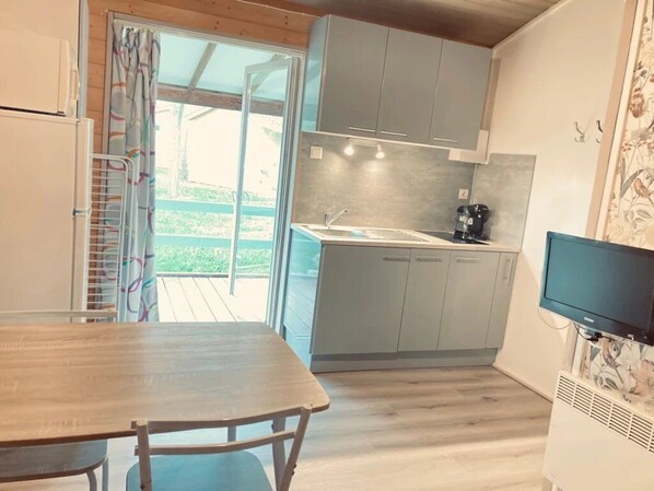 Fridge, microwave, toaster - ZEcamping 3* piscine couverte pet friendly chalet TV BBQ clim 29m2 (Montlaur)