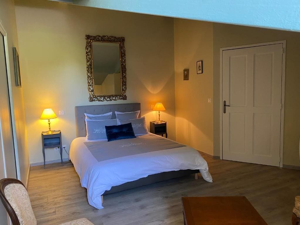A neatly arranged bedroom with a bed, two bedside lamps, a mirror, and a door.