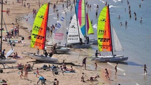 Ein Strand mit Segelbooten und Menschen, die das Ufer genießen.