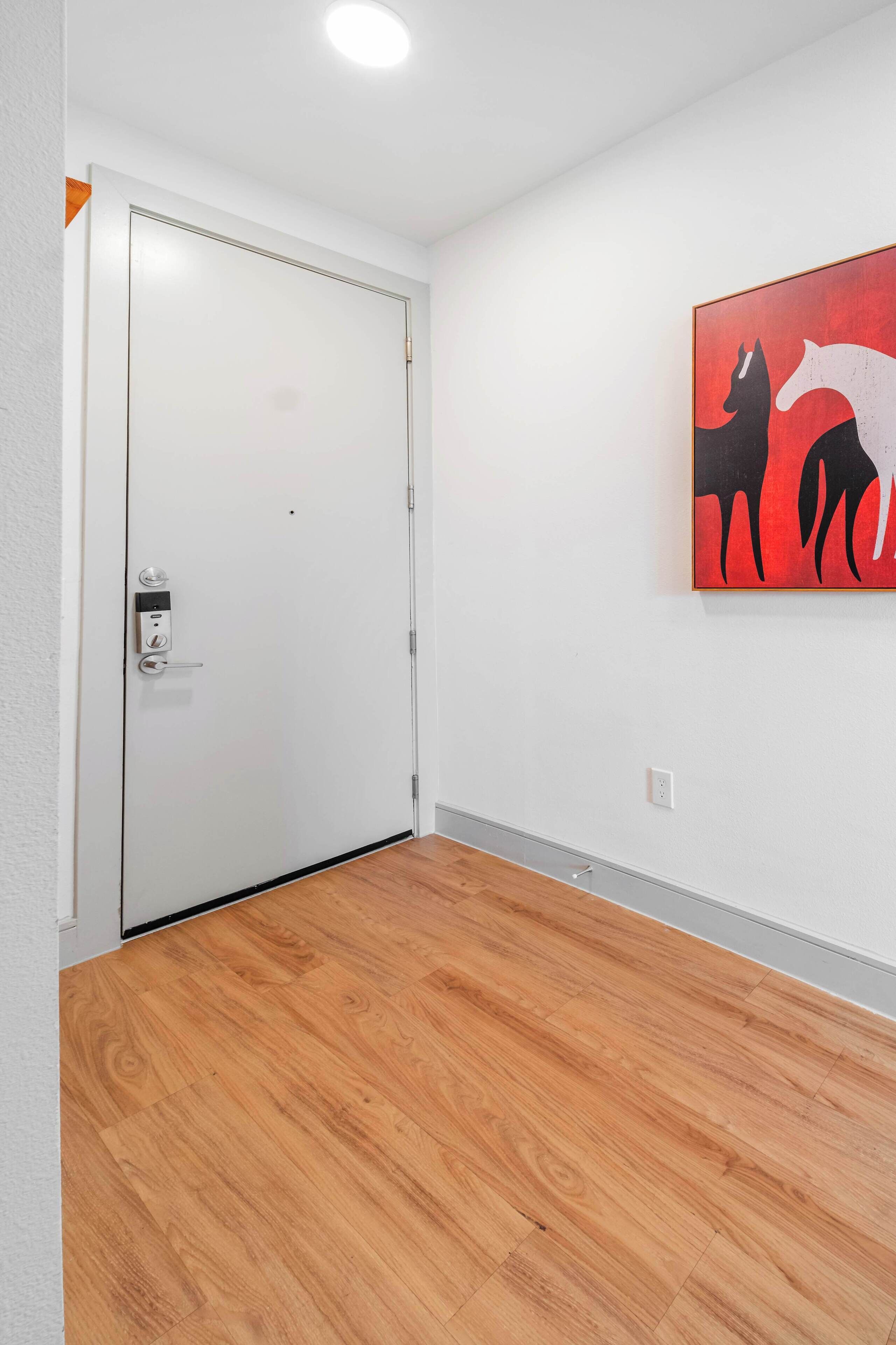 A room with a wooden floor, a white door with a handle, and a wall-mounted artwork depicting a horse.
