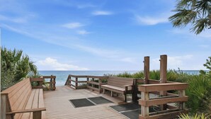 A wooden deck with benches and a grill area overlooking the ocean. - Seagrove Crush- Renovated- Steps to Private Beach! (Santa Rosa Beach)