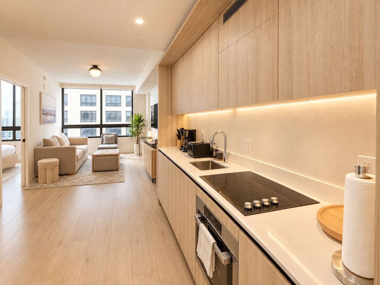 A modern kitchen with a black stovetop, wooden cabinets, and a large window.
