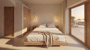 A modern bedroom with a large bed, wooden headboard, bedside lamps, and a view of a pool and lounge chairs. - VedoMare Hotel & Suites (Zakynthos)
