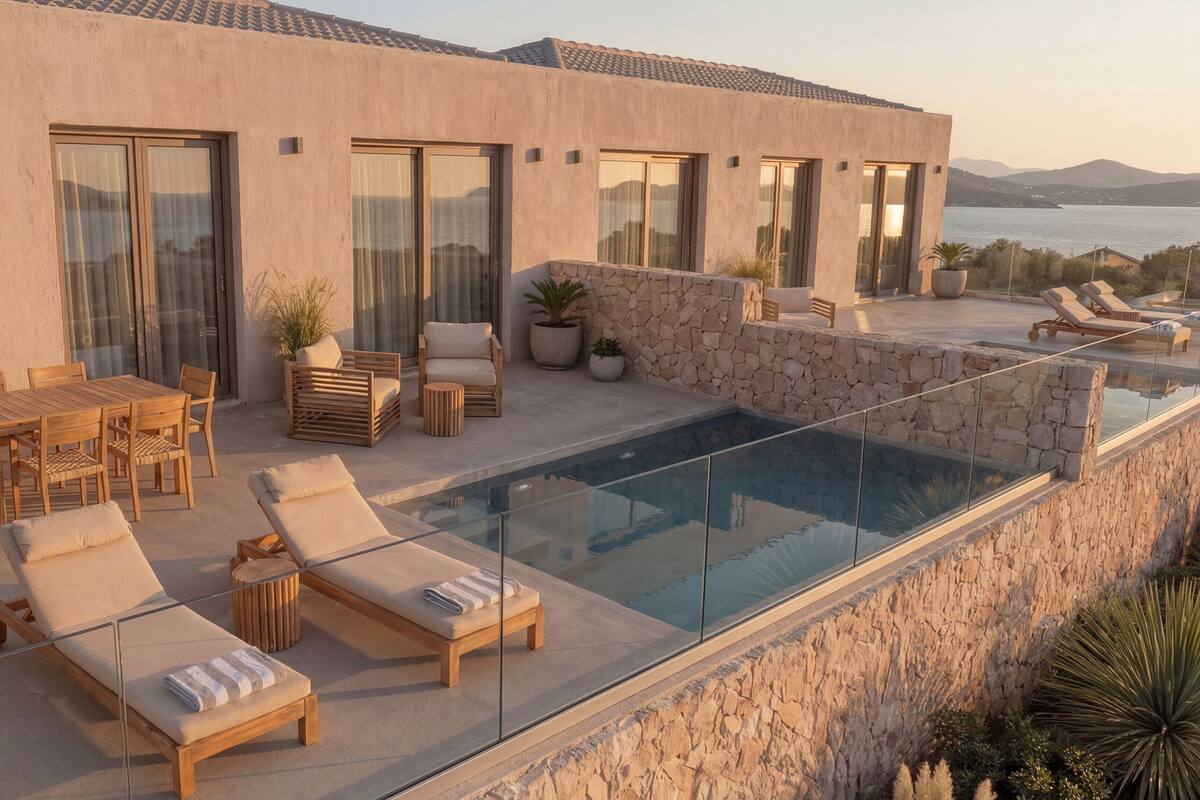 Zona de piscina exterior moderna amb gandules, joc de menjador i plantes en testos.