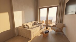 Suite, piscine privée, vue mer | Salle de séjour | TV connectée de 43 pouces avec chaînes par câble, Netflix, livres