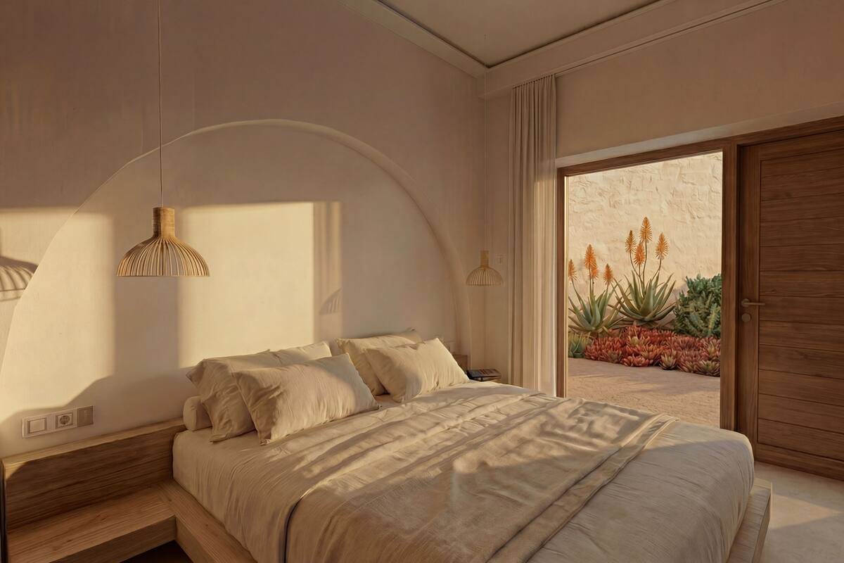 Un dormitori modern amb un llit, làmpades de nit i vista a un jardí a través d'una porta corredissa.