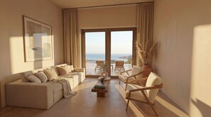 A spacious living room with a large window offering a view of the sea, a sofa set, a coffee table, and two chairs. - VedoMare Hotel & Suites (Zakynthos)