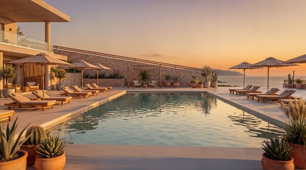 Außenpool (je nach Saison geöffnet), Sonnenschirme, Liegestühle