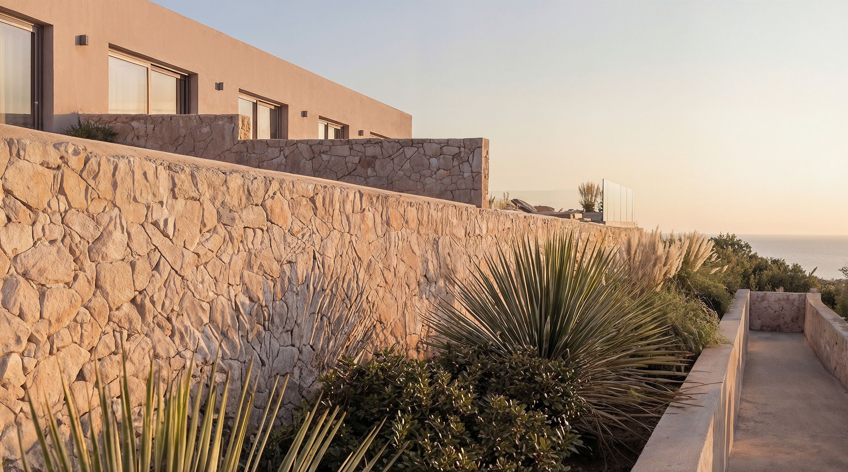 A modern building with a stone facade and large windows, overlooking a coastal landscape.