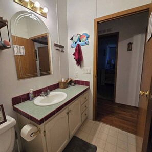 Secador de cabelo, toalhas de banho, sabonete, papel higiênico