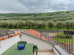 A balcony with a table and chairs, overlooking a vineyard and a hill with olive trees. - Tra gli Ulivi by Interhome (Riva del Garda)