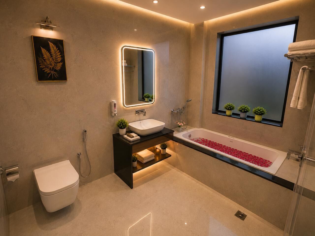 Separate bathtub and shower, rainfall showerhead, hair dryer, slippers
