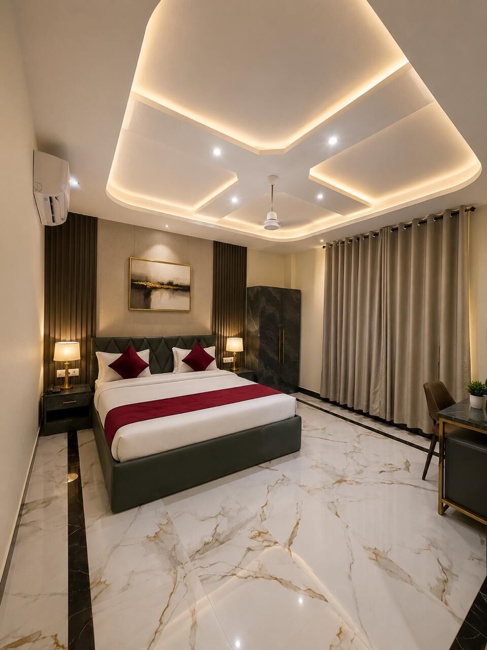 A modern hotel room with a large bed, marble flooring, a ceiling light fixture, and a wall-mounted air conditioner.