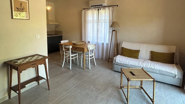 Uma sala de estar com um sofá branco, uma mesa de centro de madeira, uma mesa de jantar com cadeiras e uma área de cozinha ao fundo.