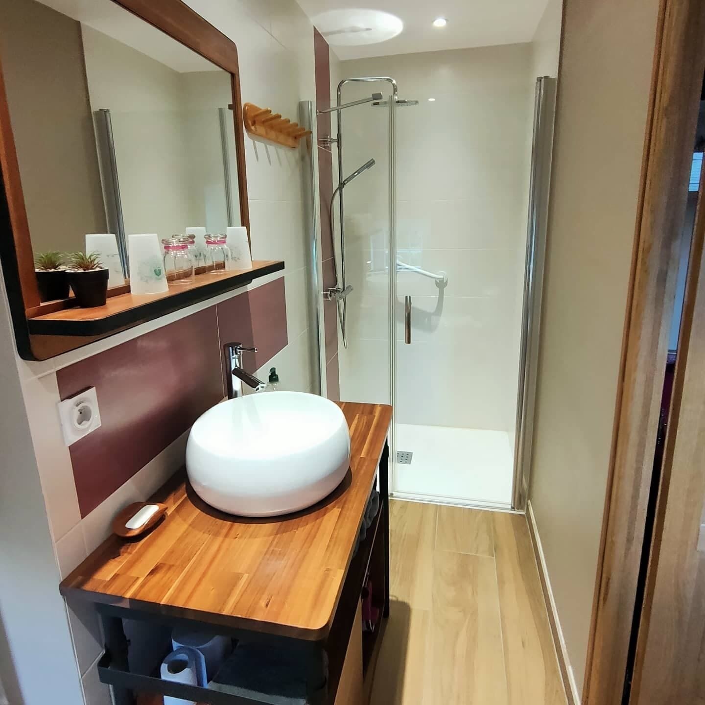 A modern bathroom with a round sink, a mirror, and a glass shower enclosure.