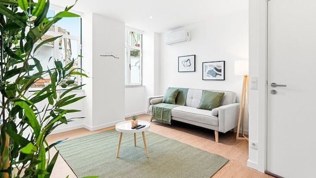 Una sala de estar moderna con un sofá, una mesa de centro y una planta.