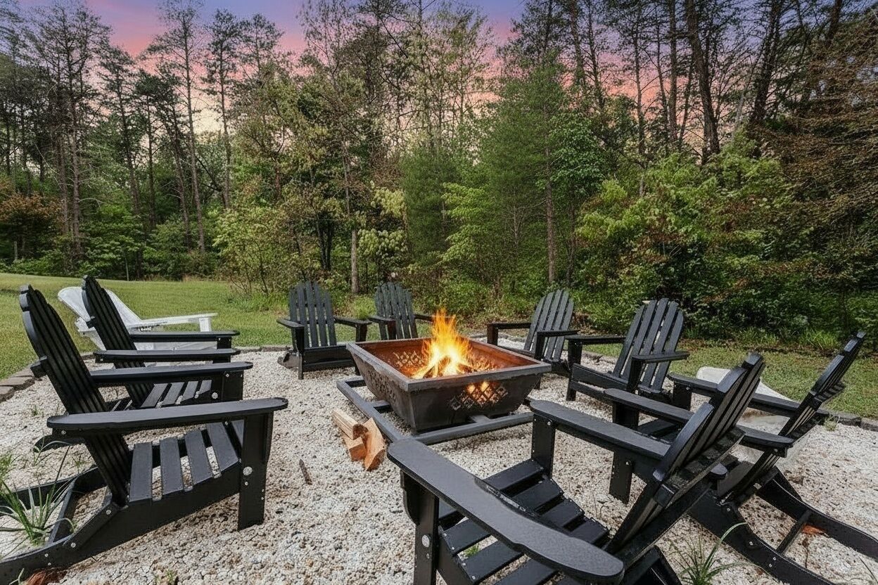 A fire pit surrounded by black Adirondack chairs in a forested outdoor area.