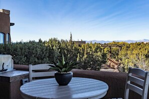 A patio with a round table, chairs, a potted plant, and a grill. - Santa Fe Hacienda Style Estate | Courtyard and Fireplaces (Santa Fe)