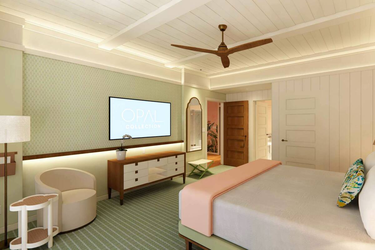 A hotel room with a bed, a TV, a desk, a chair, and a ceiling fan.