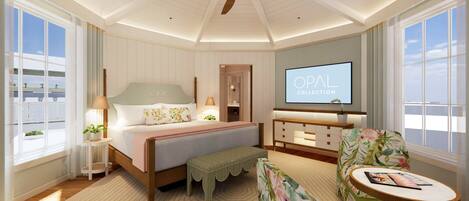 A hotel room with a bed, a TV, a desk, a chair, and a window.