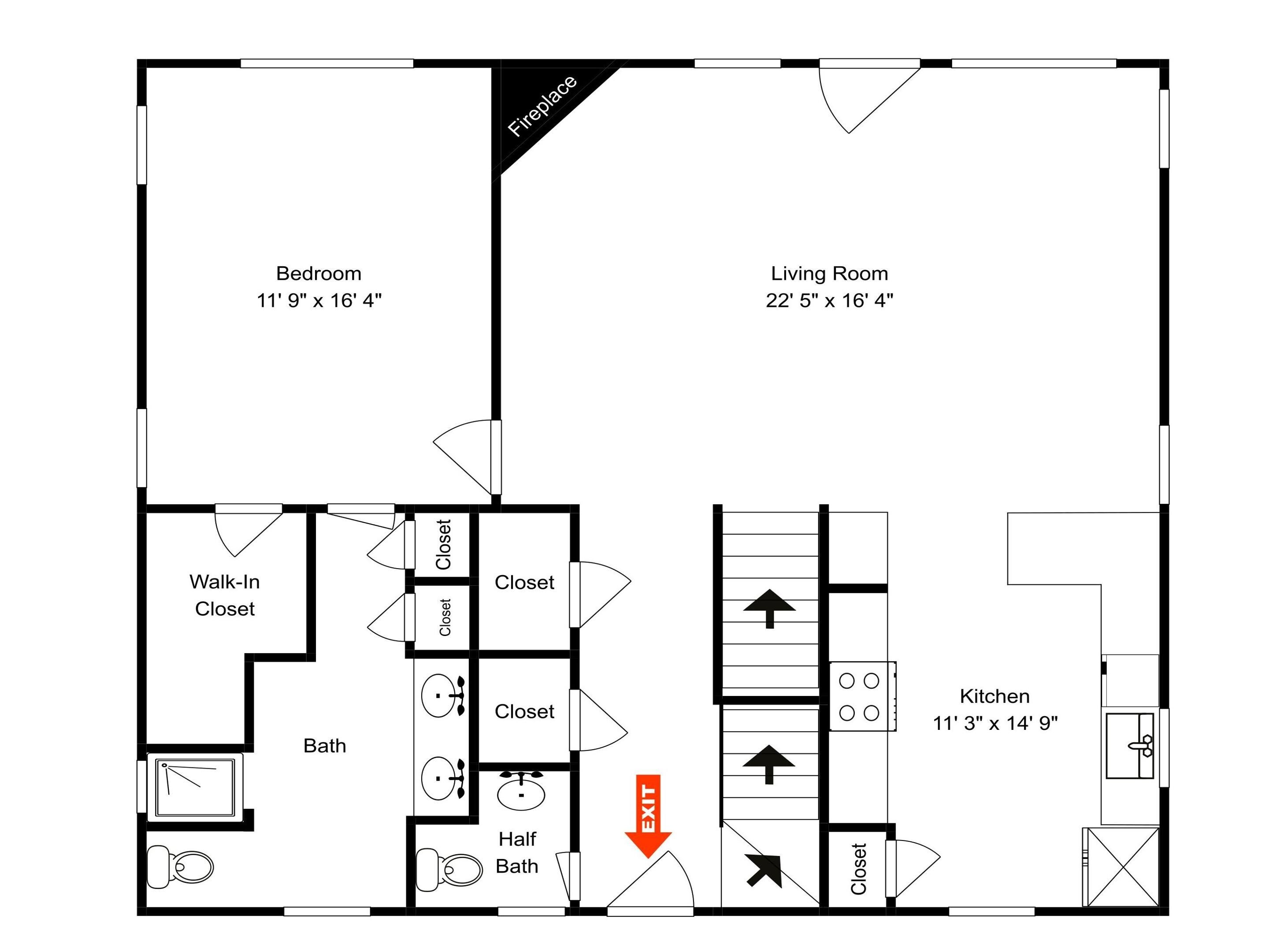A floor plan of a house with a bedroom, living room, walk-in closet, half bath, and kitchen.