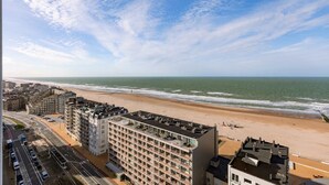Eine Küstenstadtlandschaft mit einem Strandhotel, das mehrere Etagen, Balkone und Blick auf den Ozean bietet.