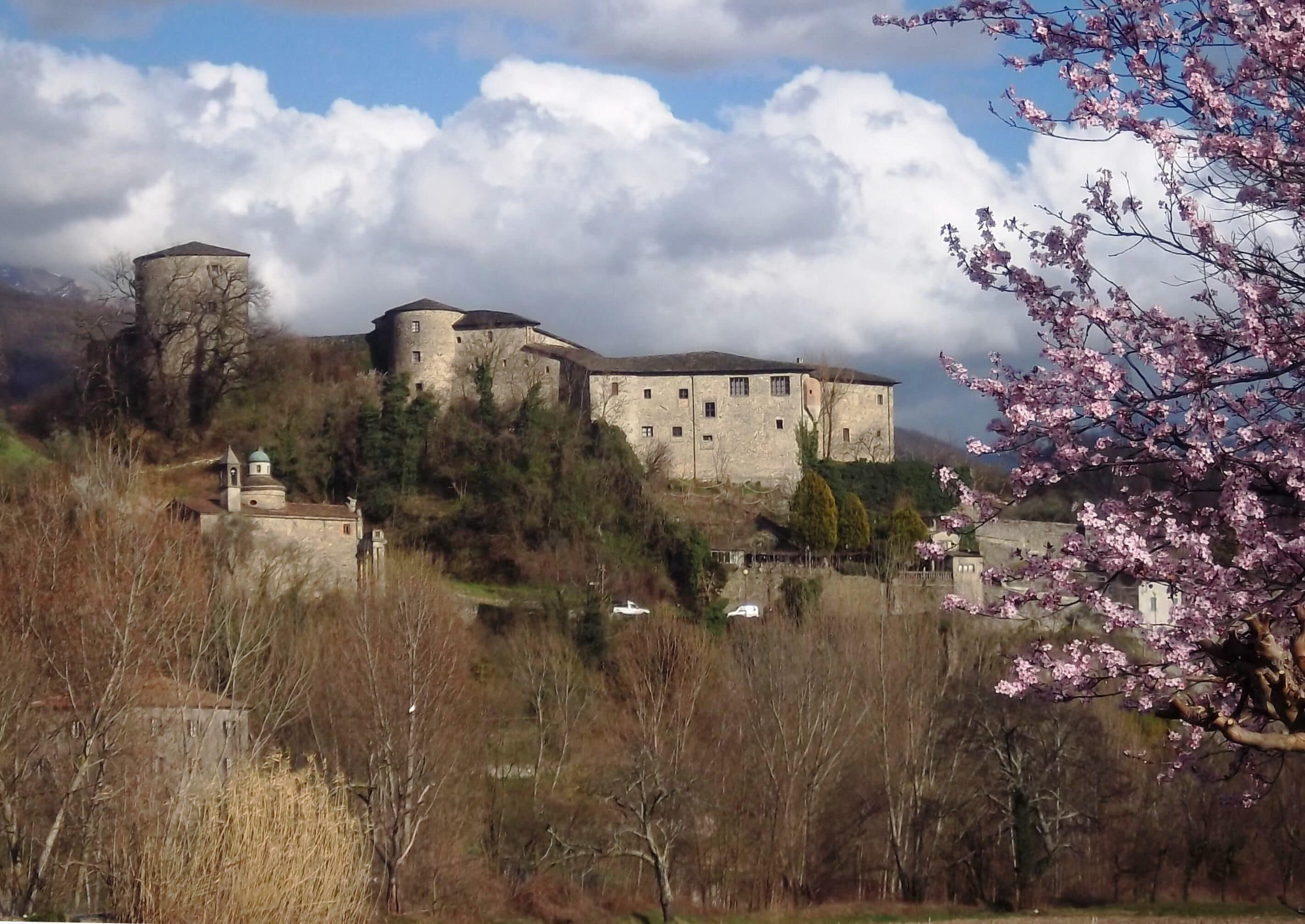 Un edificio storico in pietra con diverse torri, circondato da alberi e un cielo sereno.