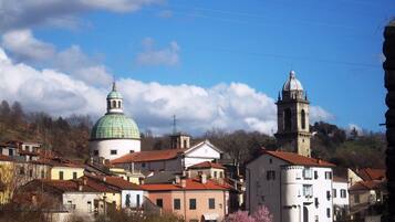 A town with historic buildings, including a church with a dome and a bell tower, surrounded by residential houses.