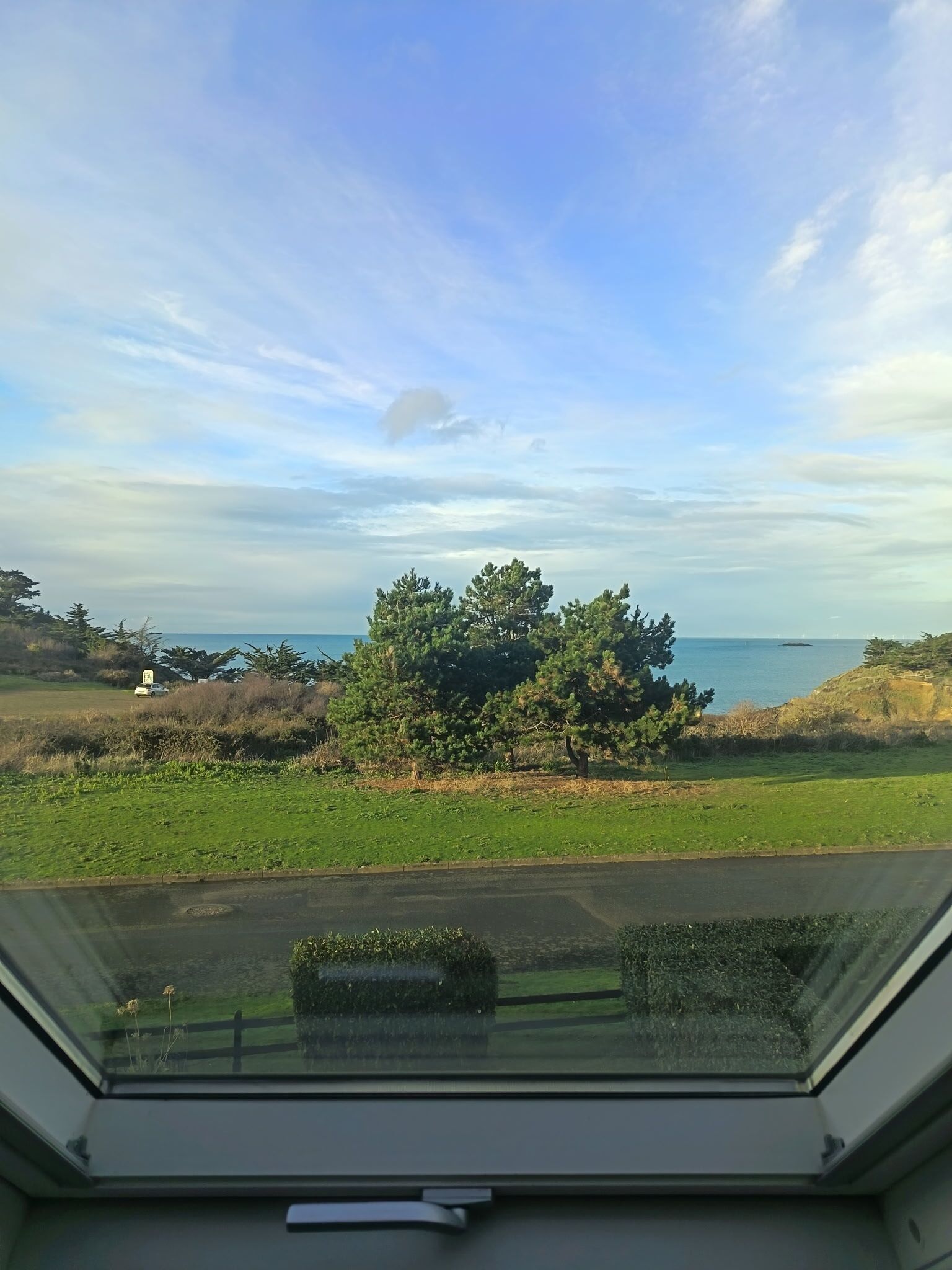 Blick vom Zimmer mit Dachfenster auf ein grasbewachsenes Feld, Bäume und ein Gewässer.