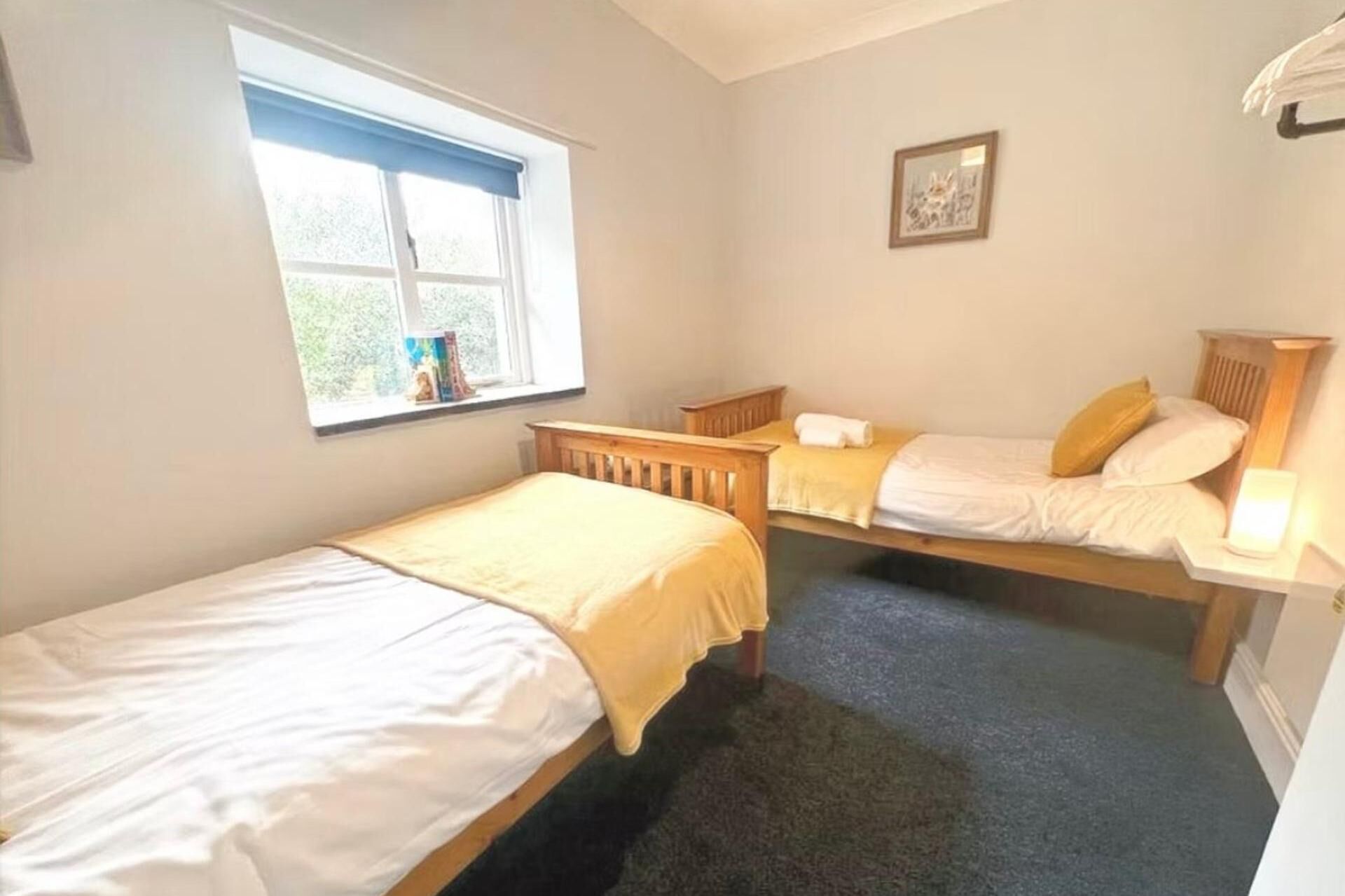 A room with two single beds, a window, a framed picture on the wall, and a lamp on a bedside table.