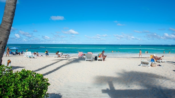 A beach with sun loungers, umbrellas, and people enjoying the water. - Luxury villa with Jacuzzi and BBQ 150 meters from the beach (Punta Cana)