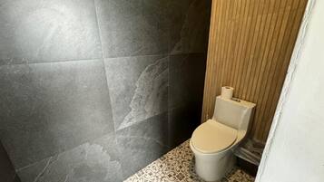 A bathroom with dark grey tiled walls, a toilet with a beige seat, and patterned floor tiles.