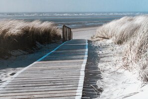 Une promenade en bois qui mène à la plage, avec des dunes de sable de chaque côté.