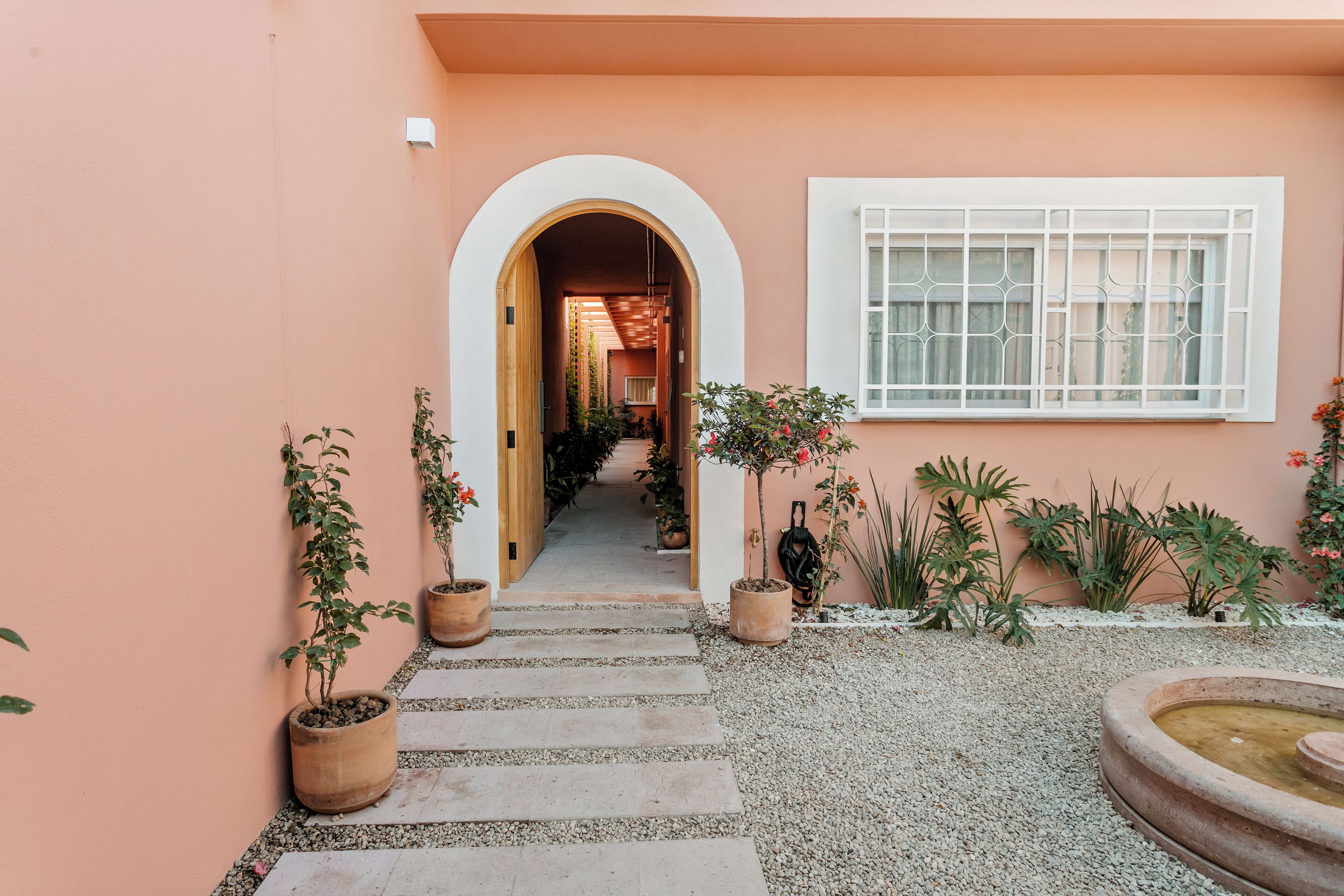 A pathway leading to a building entrance with a white window and a door.