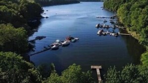 Un río con barcos amarrados a orillas, rodeado de abundante vegetación.